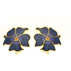 Behave Dames clip oorbel bloem blauw emaille - 2,3 cm doorsnede