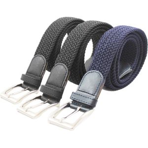 Triple pakket Elastiek – 2 Zwart en 1 Blauw Elastische Comfortabele Riem – Gevlochten . Totale lengte 120 cm. Merk: Safekeepers