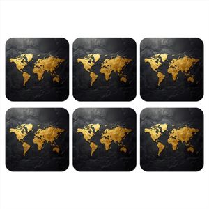 Onderzetters voor glazen - Wereldkaart - Goud - Steen - 10x10 cm - Glasonderzetters - 6 stuks