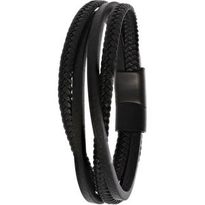 Lucardi Heren Blackplated armband gevlochten leer - Leer - Armband - Cadeau - Vaderdag - 21 cm - Zwart