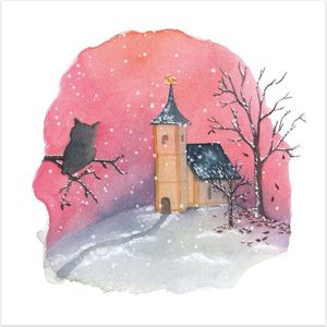 Kerstkaarten | Set van 4 | Kerkje met uil | Illu-Straver