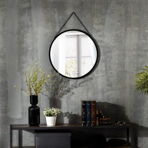 Wandspiegel Make -Up Mirror Ø 50 cm Ronde spiegel Woonkamer Spiegel met decoratieve ophanging Zwart metalen glas