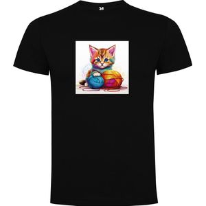 Zwart T-Shirt met “ Kleurrijke Kitten met bol wol“ Print Full Color maat 104 / 3/4 jaar