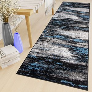 Tapiso Maya Loper Vloerkleed Grijs Zwart Blauw Gang Modern Woonkamer Gang Maat- 80x1500