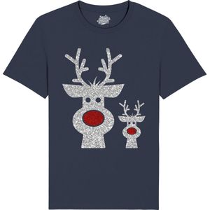 Rendier Buddies - Foute Kersttrui Kerstcadeau - Dames / Heren / Unisex Kleding - Grappige Kerst Outfit - Glitter Look - T-Shirt - Unisex - Navy Blauw - Maat S