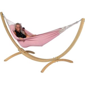 Hangmat met Standaard Eénpersoons 'Wood & Natural' Pink | Complete hangmatset | Bevestiging inclusief | 120 KG | 352 CM | Polycotton + Vurenhout (FSC® Mix) | 1% For The Planet | Tropilex