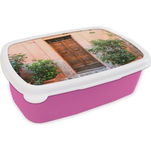 Broodtrommel Roze - Lunchbox - Brooddoos - Deur - Hout - Planten - Groen - 18x12x6 cm - Kinderen - Meisje