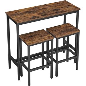 Eetkamerset, bartafelset, hoge tafel (100 x 40 x 90 cm) met 2 barkrukken (elk 30 x 40 x 65 cm) metalen frame, industrieel ontwerp voor eetkamer, woonkamer, vintage bruin-zwart LBT218B01