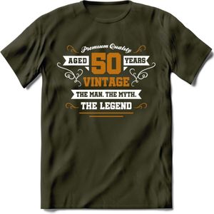 50 Jaar Legend T-Shirt | Goud - Wit | Grappig Verjaardag en Feest Cadeau Shirt | Dames - Heren - Unisex | Tshirt Kleding Kado | - Leger Groen - XL