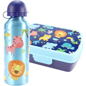 Broodtrommel + drinkfles ZEBRA Jungledieren | Lunchbox en aluminium drinkbeker voor kinderen lichtblauw | LS23b