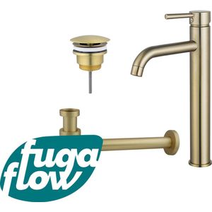 FugaFlow Eccelente Sobrado Badkamer Wastafelkraanset - verhoogde wastafelkraan - always open plug - verlaagde design sifon - PVD Geborsteld Messing