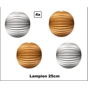 4x Lampion Goud/zilver 25cm metallic - festival thema feest verjaardag party papier BBQ strand licht fun