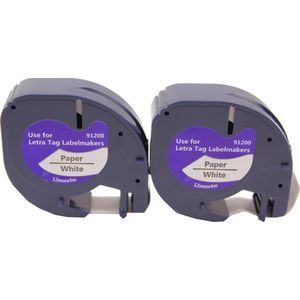 KATRIZ® huismerk label tape voor Dymo 91200 | DYMO LETRATAG LetraTag 100H/LetraTag 100T/LetraTag 2000/LetraTag QX54 |  Zwart op Wit | 12mm*4m | 2 stuks
