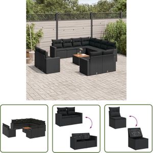 The Living Store Loungeset PE-rattan Zwart 11x Afneembare Zitkussens - Opbergfunctie - Modulair Design - 6 Banken met Armleuning 12 Rugkussens - 110 kg Draagvermogen