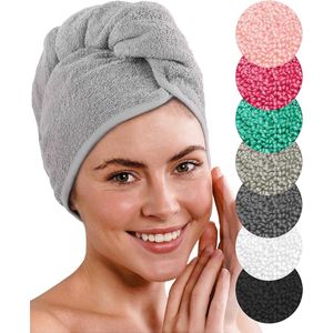 Set van 2 premium haartulband met knoop van 100% katoen - haarhanddoek incl. 8 haarelastiekjes - voor kort en lang haar - tulband handdoek is sneldrogend en absorberend (grijs)
