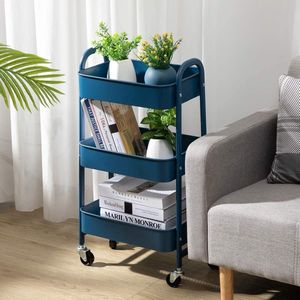 OxyFlowzy® - Opbergwagen 3 niveaus Metaal Utility Cart Rolwagen, Organizer Trolley met Wielen voor Keuken Make-up Badkamer Kantoor, Marineblauw