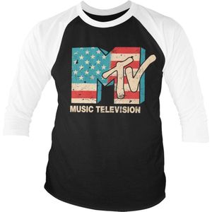 MTV Raglan top -L- Distressed USA Flag Zwart/Wit
