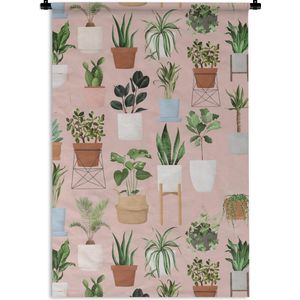 Wandkleed PlantenKerst illustraties - Patroon van verschillende illustraties van planten op een roze achtergrond Wandkleed katoen 90x135 cm - Wandtapijt met foto