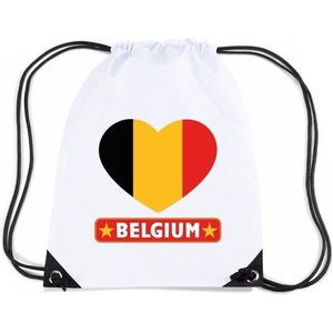 Belgie nylon rijgkoord rugzak/ sporttas wit met Belgische vlag in hart