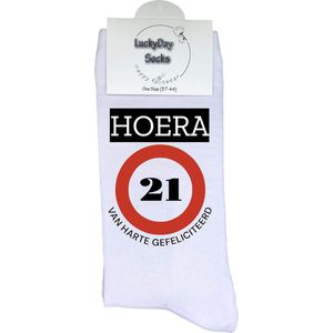 21 jaar Sokken - Gefeliciteerd - Jarig - Verjaardag - Grappige cadeau - Cadeau voor vrouw man - Kado - Verjaardags sokken - Verjaardags cadeau - Sokken waar je vrolijk van wordt - Maat 37-44