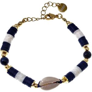 Polymeerklei Armband Unisex - Donkerblauw-Gebroken Wit - Verguld RVS - Verstelbaar Armband met Natuurlijke Schelp