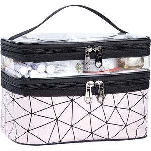 Cosmetische tas dubbellaagse toilettas draagbare transparante make-up tas grote make-up tas case organizer waterdichte waszak voor mannen en vrouwen, roze, Large