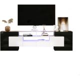 Stijlvol TV-meubel, laag paneel. Hoogglans wit en zwart 200cm LED-verlichting woonkamermeubilair. Modern ontwerp. Elegant glazen oppervlak.