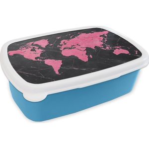 Broodtrommel Blauw - Lunchbox Wereldkaart - Roze - Marmer print - Brooddoos 18x12x6 cm - Brood lunch box - Broodtrommels voor kinderen en volwassenen
