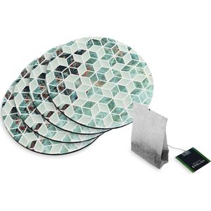 4 Rubberen Onderzetters - Design Groen Hexagon Marmer - Rond