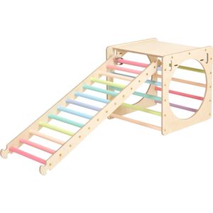 KateHaa Houten Activiteiten Kubus met Ladder Pastel - Klimrek - Houten Montessori Speelgoed