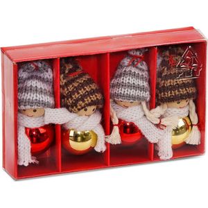 BRUBAKER 4-delige Set Kerstkabouters van Hout en Touw - Boomhanger Kersthanger - 8 cm in Geschenkdoosje Rood