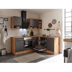 Hoekkeuken 220  cm - complete keuken met apparatuur Hilde  - Wild eiken/Grijs  - keramische kookplaat - vaatwasser - afzuigkap - oven  - spoelbak