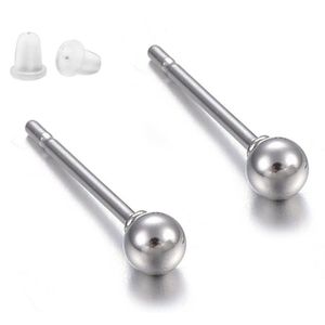 Stalen oorknopjes 3mm bolletje unisex van 304 stainless steel hypoallergeen met silicone dopjes