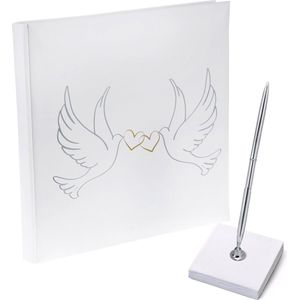 Gastenboek/receptieboek met luxe pen in houder - Bruiloft - zilver/wit - 24 x 24 cm