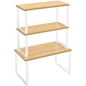 PolkaHome Kruidenrek, set van 3 keukenorganizer, stapelbaar, bamboe en metaal, wolkwit-natuurbeige