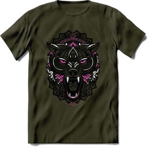 Wolf - Dieren Mandala T-Shirt | Roze | Grappig Verjaardag Zentangle Dierenkop Cadeau Shirt | Dames - Heren - Unisex | Wildlife Tshirt Kleding Kado | - Leger Groen - S
