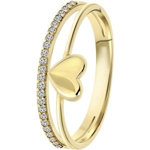 Lucardi Dames Dubbele ring hart en zirkonia - Ring - Cadeau - 18 Karaat Goud - Geelgoud