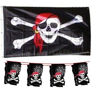 Piraten feestje/verjaardag versiering set 2x vlaggenlijnen en een grote piratenvlag 90 x 150 cm