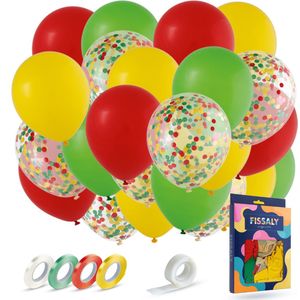 Fissaly 40 Stuks Rood, Geel & Groen Carnaval Helium Ballonnen met Lint – Versiering Decoratie – Papieren Confetti - Latex