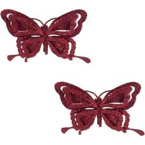 6x Kerstboomversiering op clip vlinder glitter bordeaux rood 14 cm - kerstfiguren - vlinders