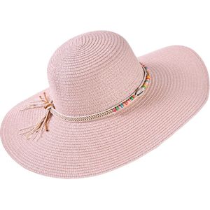 Decopatent - Zonnehoed Dames - Ibiza Style - Zomerhoed met Schelpen en Kralen - Strohoed UV - Strandhoed Hoofddeksel met Brede rand - Hoed voor Volwassenen - Kleur: Licht Roze