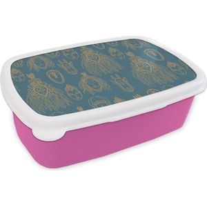 Broodtrommel Roze - Lunchbox - Brooddoos - Masker - Afrikaans - Goud - Patronen - 18x12x6 cm - Kinderen - Meisje