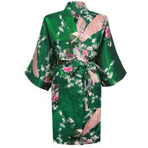 KIMU® Kimono Donkergroen Kort - Maat XL-XXL - Yukata Satijn Boven de Knie - Korte Groene Ochtendjas Japanse Kamerjas Sexy Satijnen Badjas Geisha Pauw Festival