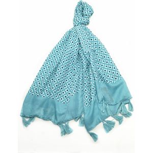 Lange dames sjaal Carmela fantasiemotief blauw wit lichtblauw donkerblauw