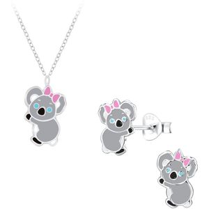 Zilveren koala kinderoorbellen en ketting | cadeau set meisje | koala oorringen hanger Meisje Zilver | kinderketting koala | kindersetje oorbellen ketting | Zilverana | Sterling 925 Silver