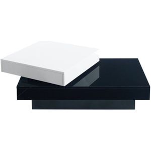 Draaibare salontafel met zwart-witte stiksels, moderne eenvoudige salontafel met hoogglans oppervlak, dubbellaags salontafel van spaanplaat, geschikt voor de woonkamer van een appartement