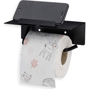 Toiletrolhouder met plankje en telefoonhouder - wandmontage zonder boren - 430 rvs - mat zwart