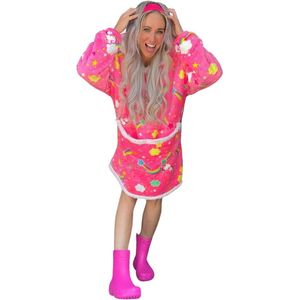 Badrock hoodie deken met mouwen - TV deken - fleece deken met mouwen - fleece poncho - warm & zacht - hoodie blanket - Unicorn - neon roze