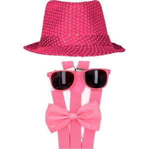 Toppers - Carnaval verkleed set compleet - glitter hoedje/bretels/party bril/strikje - fuchsia roze - heren/dames - verkleedkleding