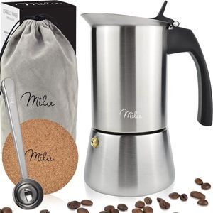 Milu Percolator| 2, 4, 6, 9 Koffiekopjes | RVS Espresso Maker met Onderzetter, Lepel en Borstel | 100ml / 2 Kopjes Moka Pot